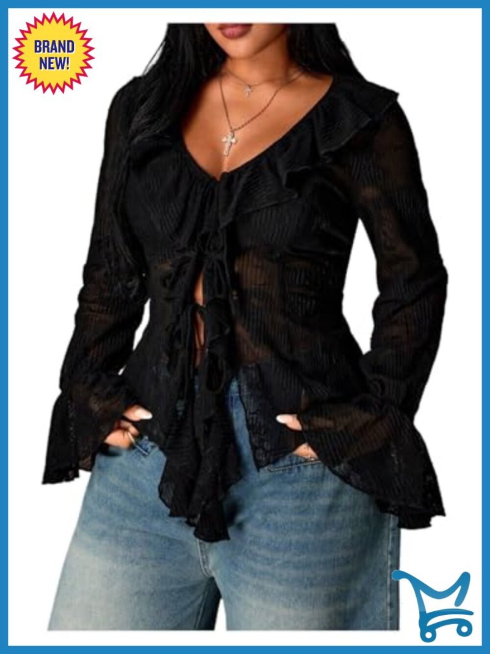 Plus Size Sheer Ruffle Tie Front Long Sleeve Going Out Blouse